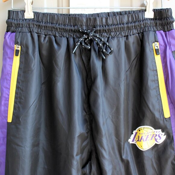 LA Lakers NBA Men's Large Wind Pants Black Elastic Tie Waist Warm Up Retro - Picture 5 of 9